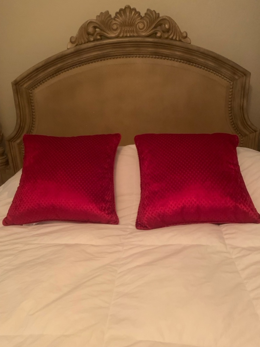 Two Bright Red Decorative Throw Pillows with Soft Texture Diamond Pattern